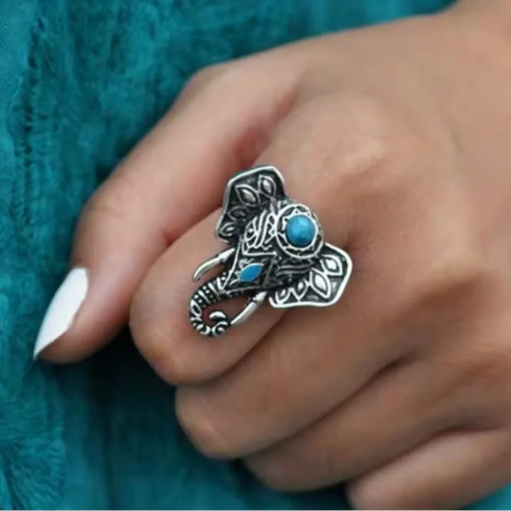 Boho Silver Elephant Ring with Blue Accents